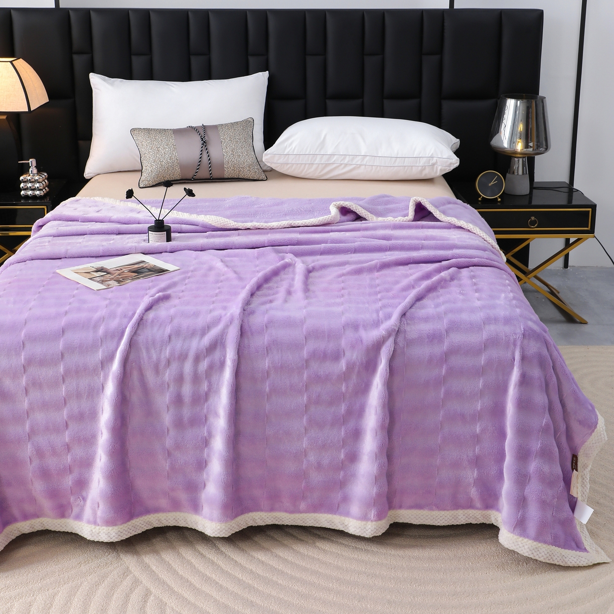 91家纺网 家纺一手货源 找家纺 梦洋家纺 2025新款双面兔毛绒毛毯 紫色