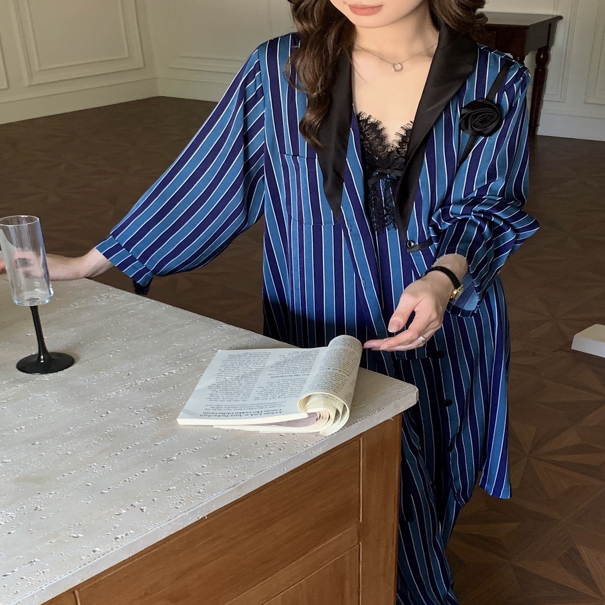 （总）妍景家居生活馆 2025新款韩系25110-复古拼色条纹冰丝三件套