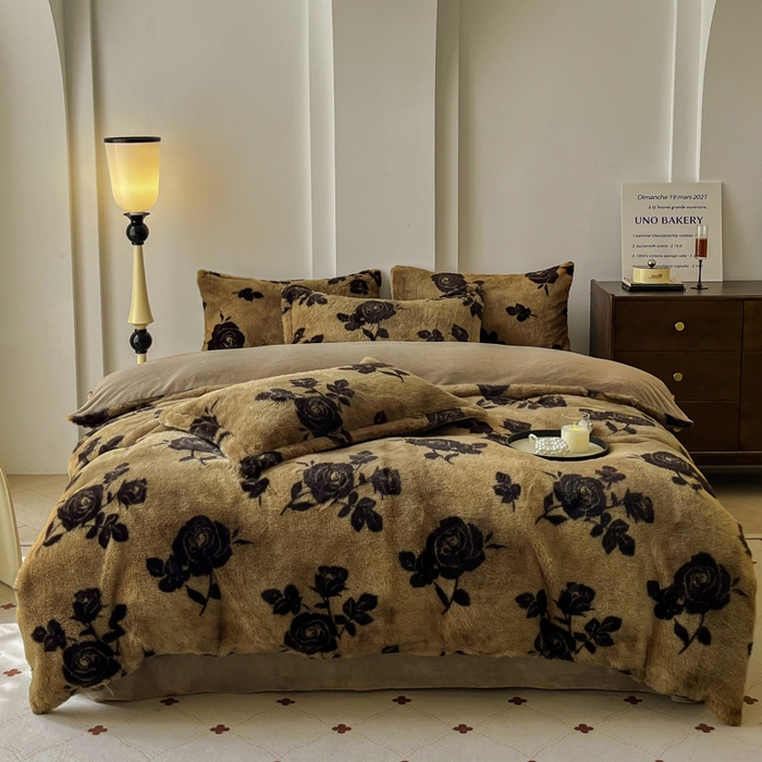 91家纺网 家纺一手货源 找家纺 （总）梦莱斯 2025新款亲肤舒适兔毛印花牛奶绒保暖四件套一美拉德系