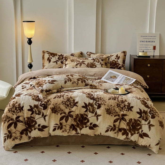 91家纺网 家纺一手货源 找家纺 （总）梦莱斯 2025新款亲肤舒适兔毛印花牛奶绒保暖四件套一美拉德系