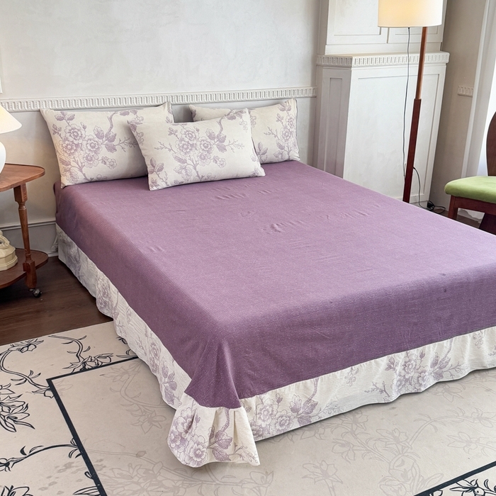 91家纺网 家纺一手货源 找家纺 （总）佑佳家纺 2025新款复古印花亚麻双层纱花边床单款四件套