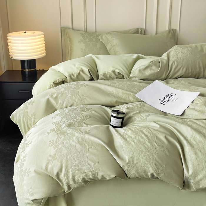 91家纺网 家纺一手货源 找家纺 云锦家居 2025新款秋冬50双股磨毛提花四件套 繁花-嫩青