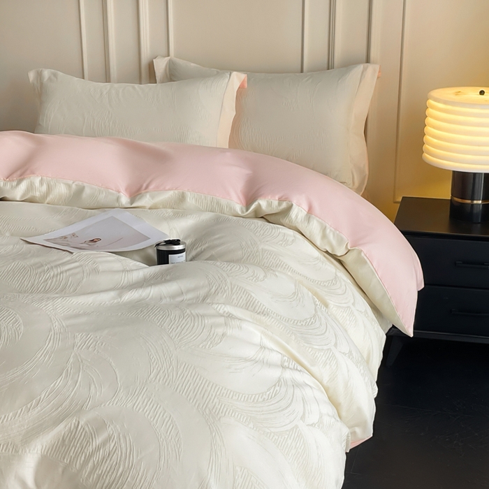 91家纺网 家纺一手货源 找家纺 云锦家居 2025新款秋冬50双股磨毛提花四件套 雅韵-粉白