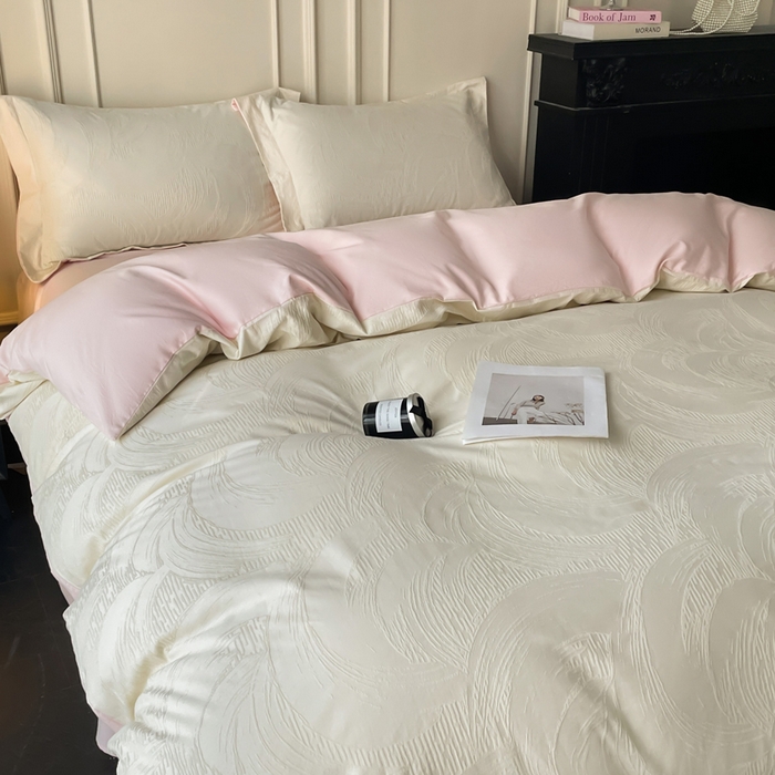 91家纺网 家纺一手货源 找家纺 云锦家居 2025新款秋冬50双股磨毛提花四件套 雅韵-粉白