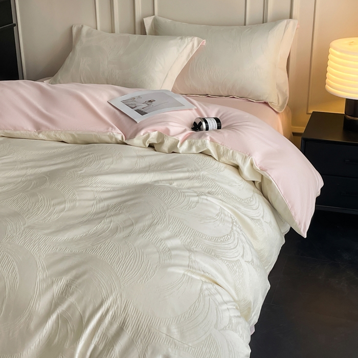 91家纺网 家纺一手货源 找家纺 云锦家居 2025新款秋冬50双股磨毛提花四件套 雅韵-粉白