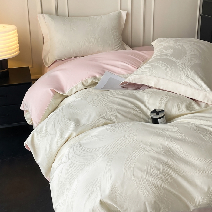 91家纺网 家纺一手货源 找家纺 云锦家居 2025新款秋冬50双股磨毛提花四件套 雅韵-粉白