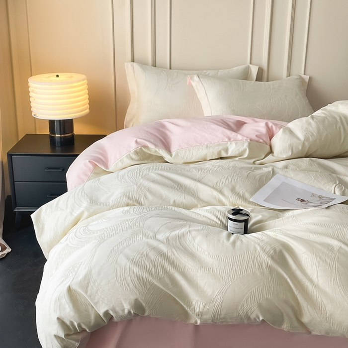 91家纺网 家纺一手货源 找家纺 云锦家居 2025新款秋冬50双股磨毛提花四件套 雅韵-粉白