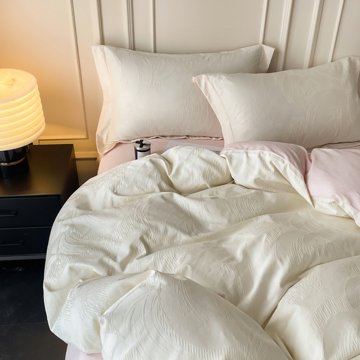 91家纺网 家纺一手货源 找家纺 云锦家居 2025新款秋冬50双股磨毛提花四件套 雅韵-粉白