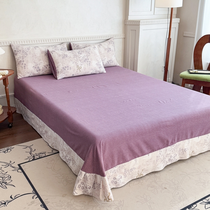 91家纺网 家纺一手货源 找家纺 佑佳家纺 2025新款复古印花亚麻双层纱花边被套枕套三件套 花姿