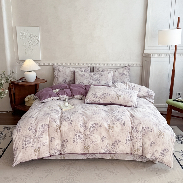 91家纺网 家纺一手货源 找家纺 佑佳家纺 2025新款复古印花亚麻双层纱花边被套枕套三件套 花姿