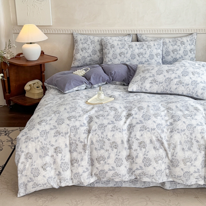 91家纺网 家纺一手货源 找家纺 佑佳家纺 2025新款复古印花亚麻双层纱花边被套枕套三件套 忆江南