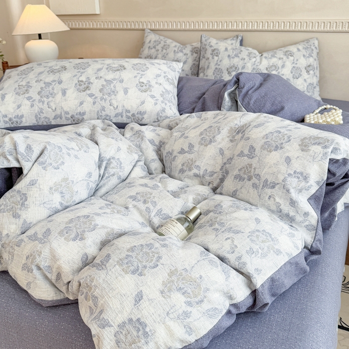 91家纺网 家纺一手货源 找家纺 （总）佑佳家纺 2025新款复古印花亚麻双层纱花边被套枕套三件套