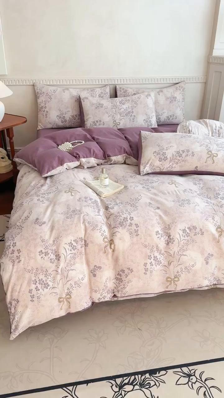 91家纺网 家纺一手货源 找家纺 佑佳家纺 2025新款复古印花亚麻双层纱花边被套枕套三件套 花姿