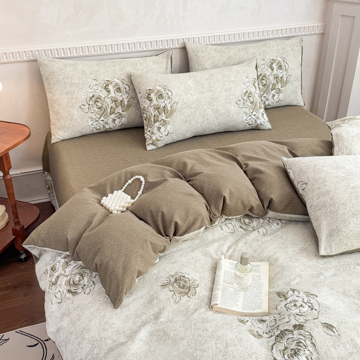 91家纺网 家纺一手货源 找家纺 佑佳家纺 2025新款复古印花亚麻双层纱花边被套枕套三件套 青萝