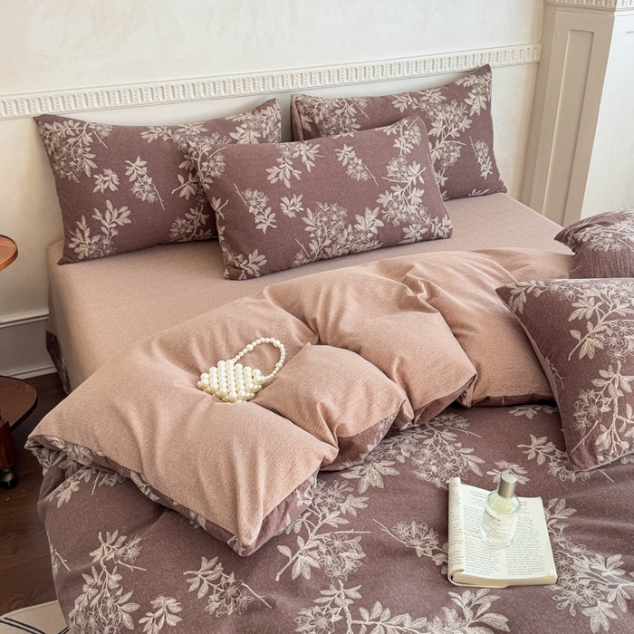 91家纺网 家纺一手货源 找家纺 佑佳家纺 2025新款复古印花亚麻双层纱花边被套枕套三件套 锦瑟