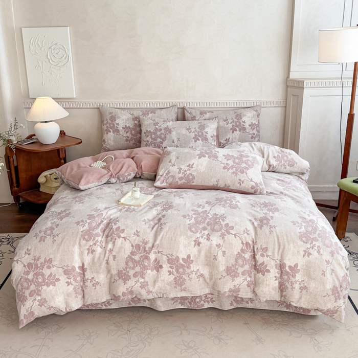 91家纺网 家纺一手货源 找家纺 佑佳家纺 2025新款复古印花亚麻双层纱花边被套枕套三件套 知音-咖