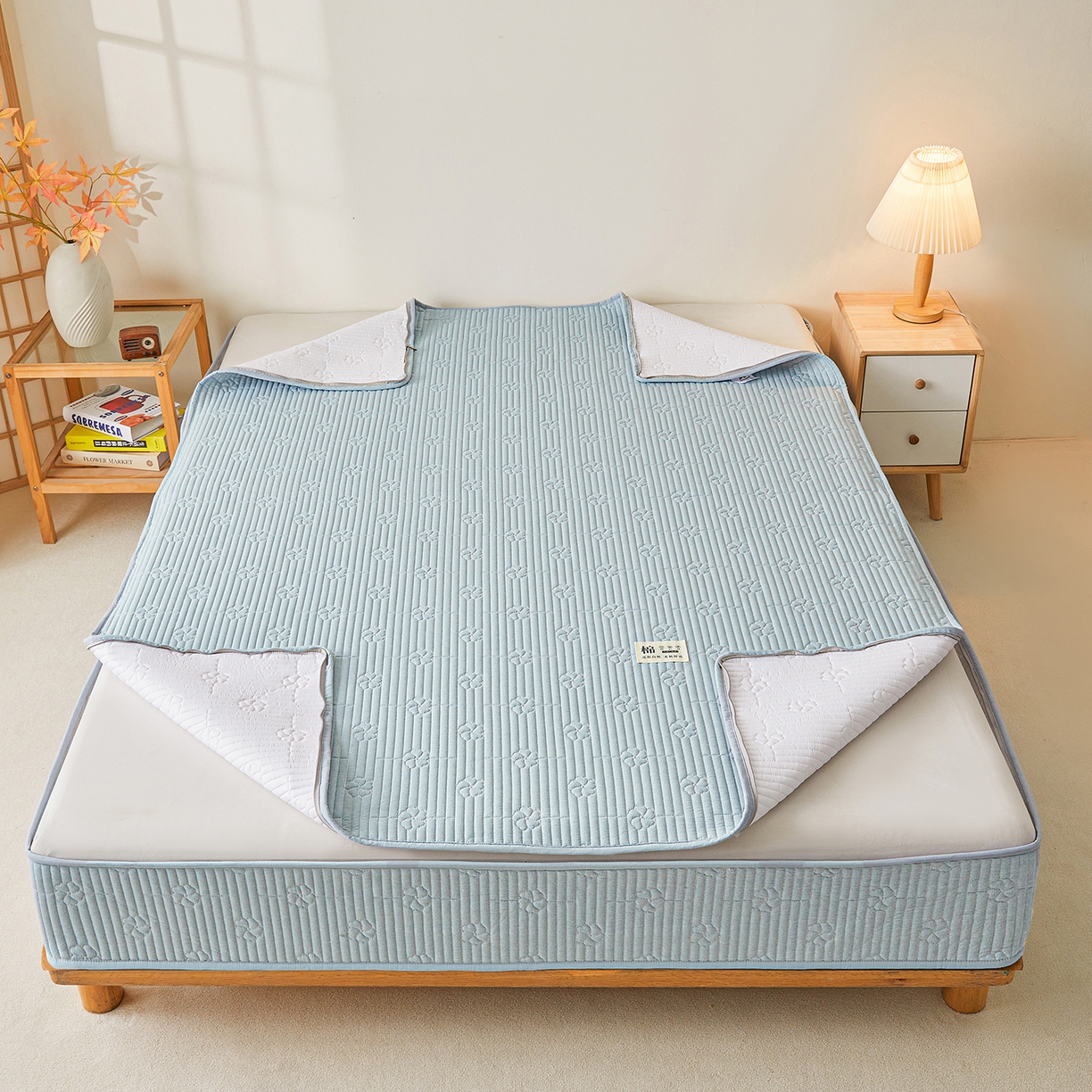 91家纺网 家纺一手货源 找家纺 伊人坊 2025新款全棉水洗棉六面全包床笠床垫保护套拉链床笠 小幸运-雾蓝