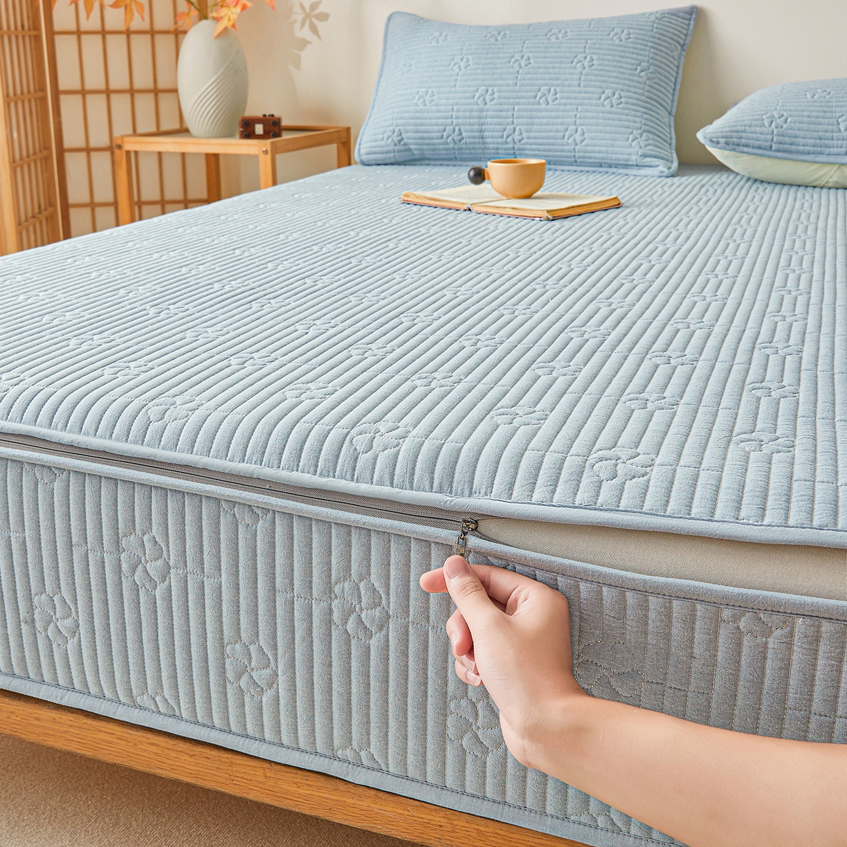 91家纺网 家纺一手货源 找家纺 （总）伊人坊 2025新款全棉水洗棉六面全包床笠床垫保护套拉链床笠