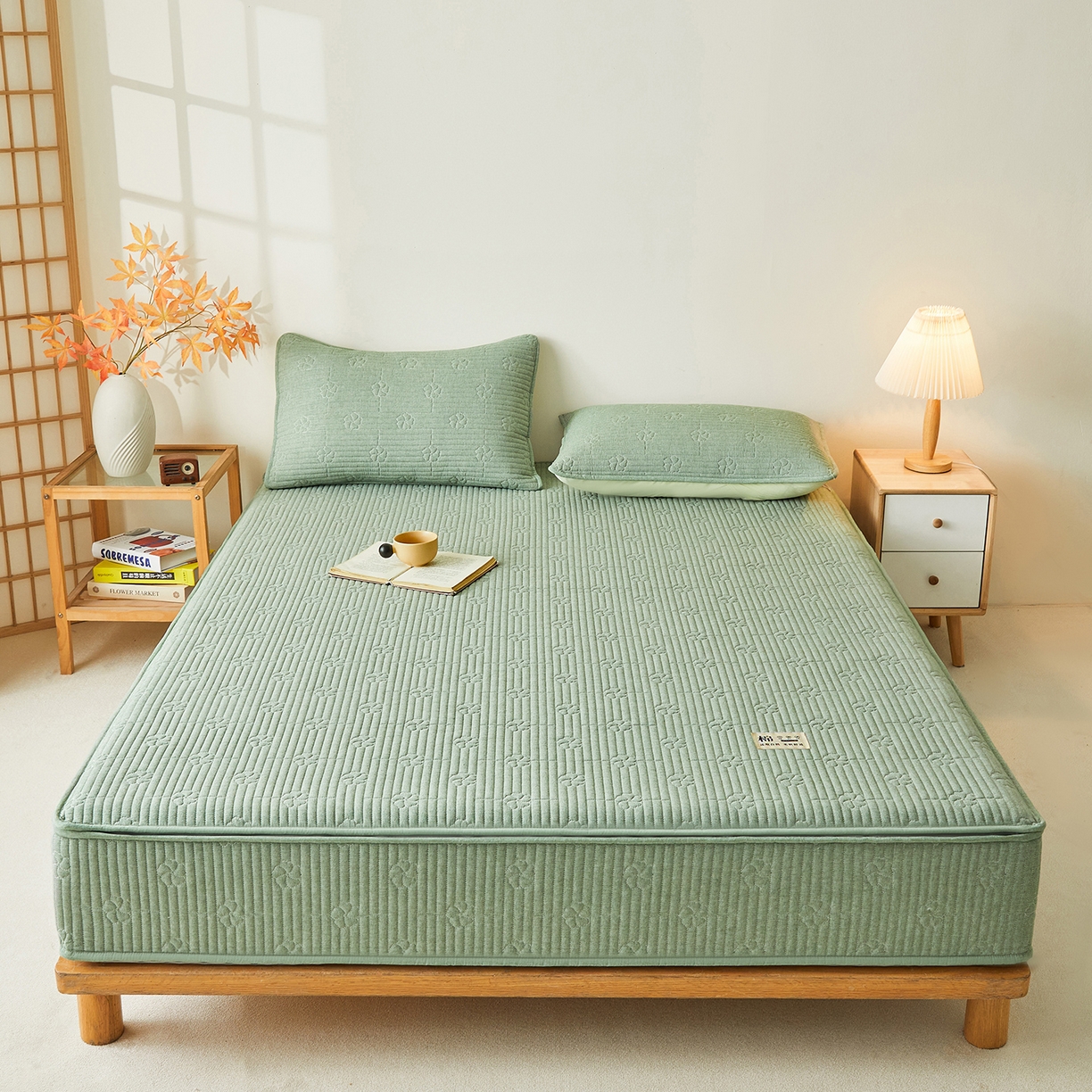 91家纺网 家纺一手货源 找家纺 伊人坊 2025新款全棉水洗棉六面全包床笠床垫保护套拉链床笠 小幸运-果绿