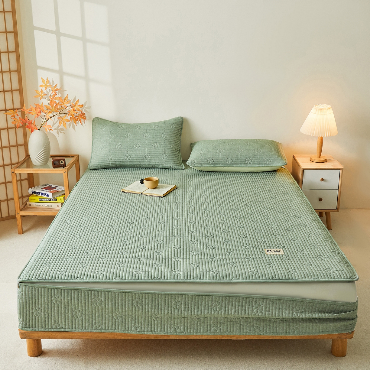 91家纺网 家纺一手货源 找家纺 伊人坊 2025新款全棉水洗棉六面全包床笠床垫保护套拉链床笠 小幸运-果绿