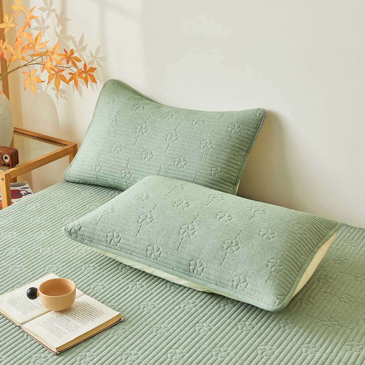 91家纺网 家纺一手货源 找家纺 伊人坊 2025新款全棉水洗棉六面全包床笠床垫保护套拉链床笠 小幸运-果绿