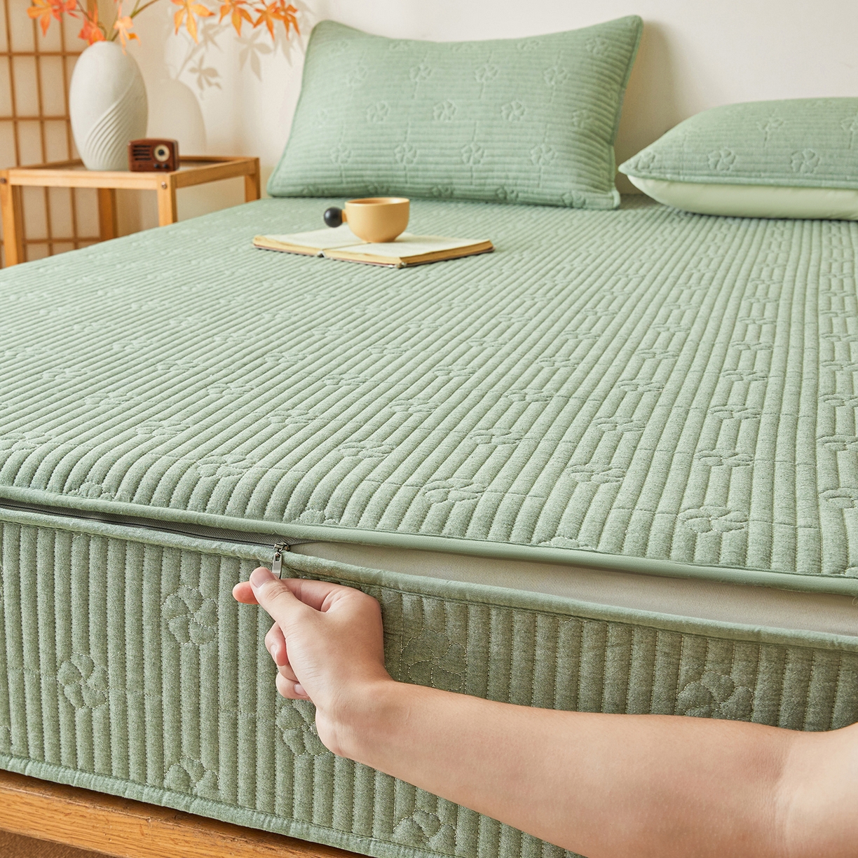 伊人坊 2025新款全棉水洗棉六面全包床笠床垫保护套拉链床笠 小幸运-果绿