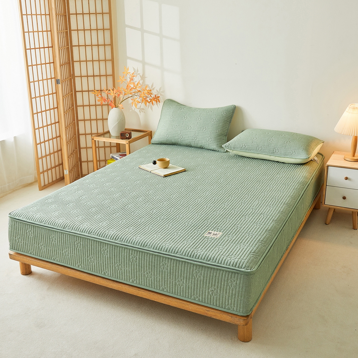 91家纺网 家纺一手货源 找家纺 伊人坊 2025新款全棉水洗棉六面全包床笠床垫保护套拉链床笠 小幸运-果绿