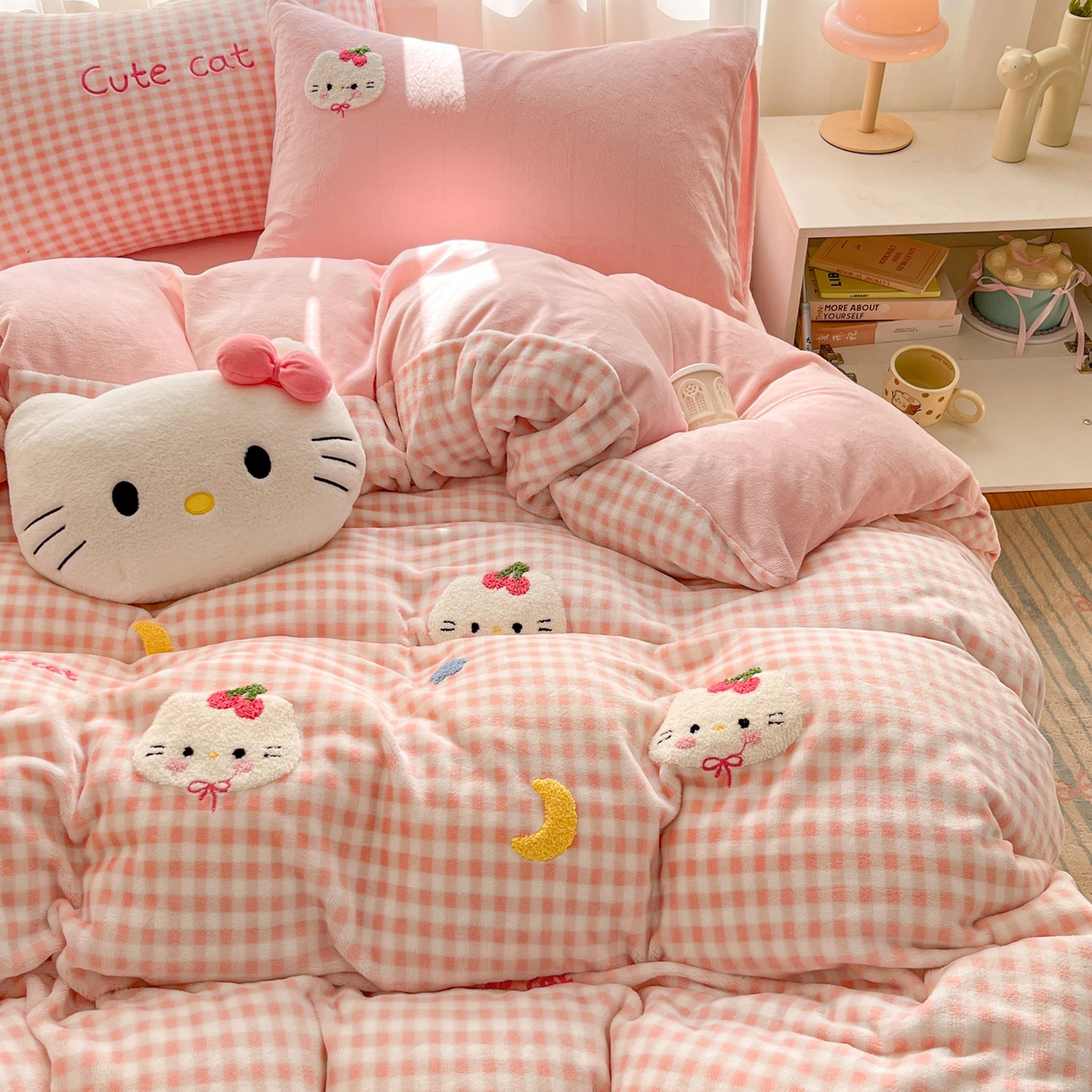 91家纺网 家纺一手货源 找家纺 如一 2025新款卡通毛巾绣系列牛奶绒四件套 星月猫咪