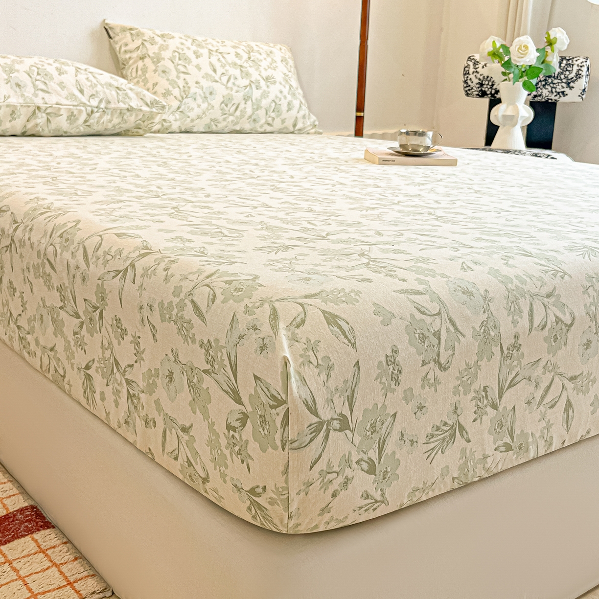 91家纺网 家纺一手货源 找家纺 多乐家纺 2025新款韩系花卉加厚舒柔棉印花单床笠 床笠三件套 茶颜悦色-绿