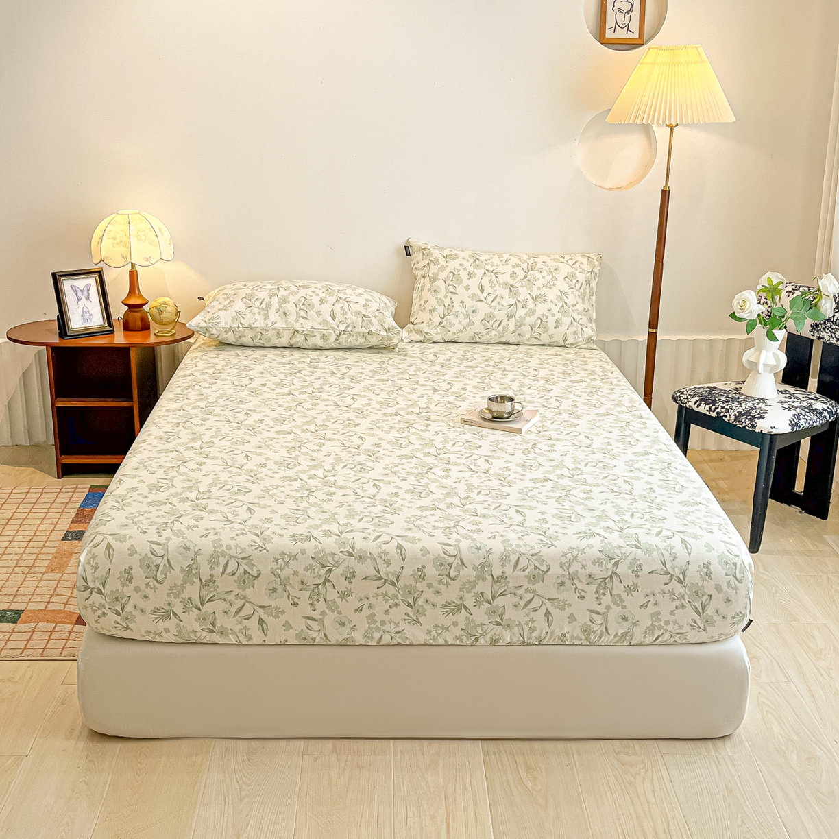 91家纺网 家纺一手货源 找家纺 多乐家纺 2025新款韩系花卉加厚舒柔棉印花单床笠 床笠三件套 茶颜悦色-绿