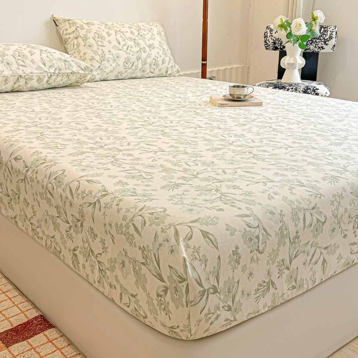 91家纺网 家纺一手货源 找家纺 多乐家纺 2025新款韩系花卉加厚舒柔棉印花单床笠 床笠三件套 茶颜悦色-绿