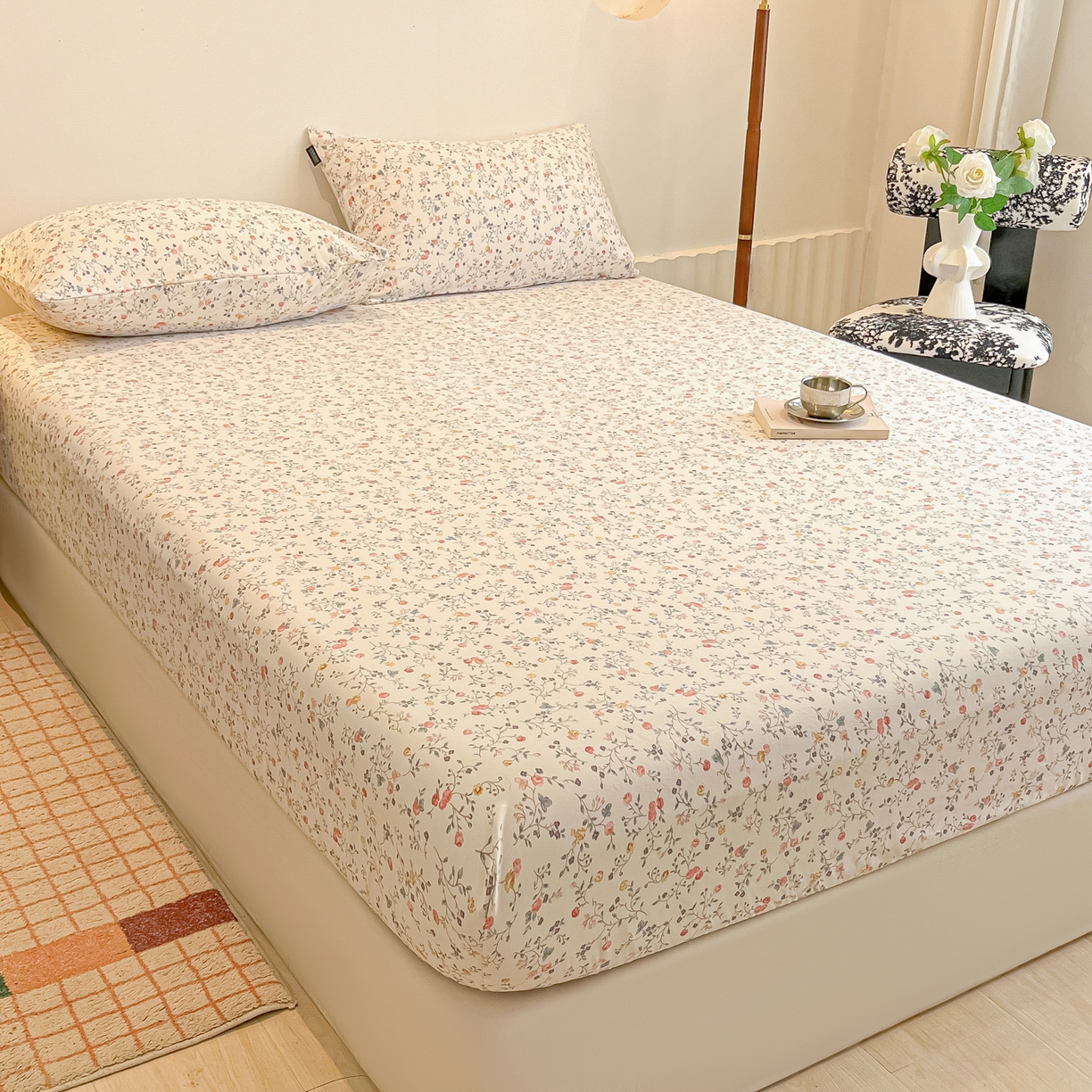 91家纺网 家纺一手货源 找家纺 多乐家纺 2025新款韩系花卉加厚舒柔棉印花单床笠 床笠三件套 玫瑰