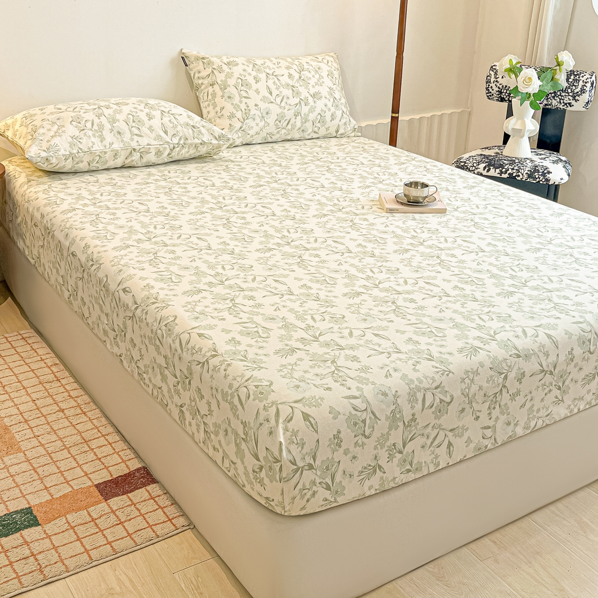 91家纺网 家纺一手货源 找家纺 多乐家纺 2025新款韩系花卉加厚舒柔棉印花单床笠 床笠三件套 茶颜悦色-绿