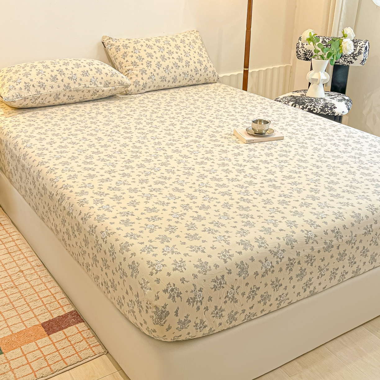 91家纺网 家纺一手货源 找家纺 多乐家纺 2025新款韩系花卉加厚舒柔棉印花单床笠 床笠三件套 暗香