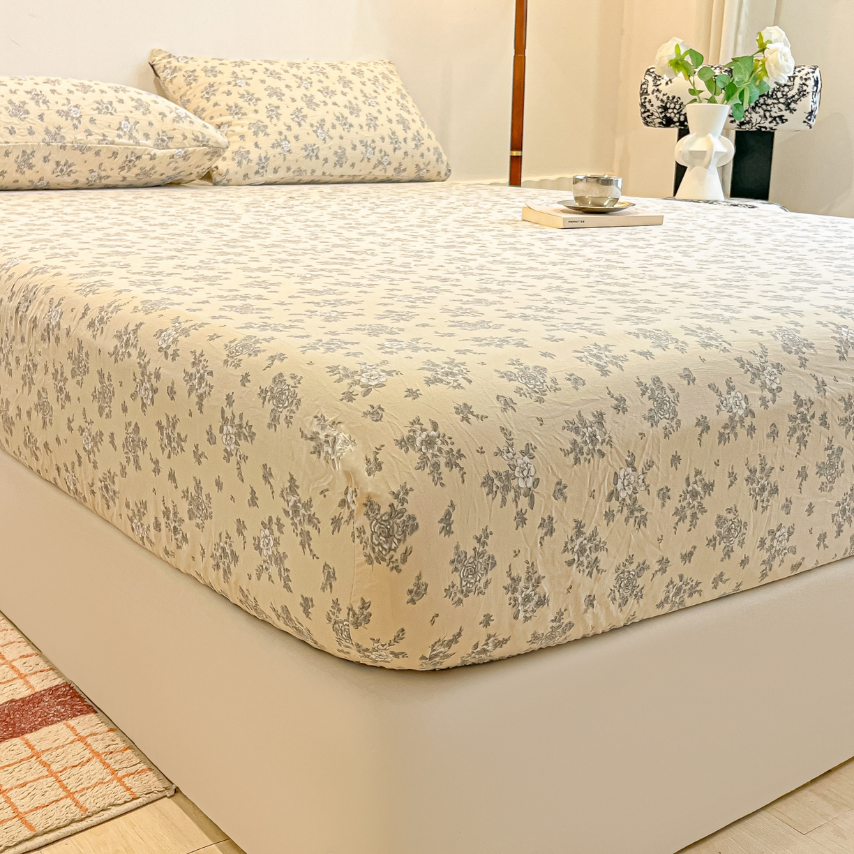 91家纺网 家纺一手货源 找家纺 多乐家纺 2025新款韩系花卉加厚舒柔棉印花单床笠 床笠三件套 暗香