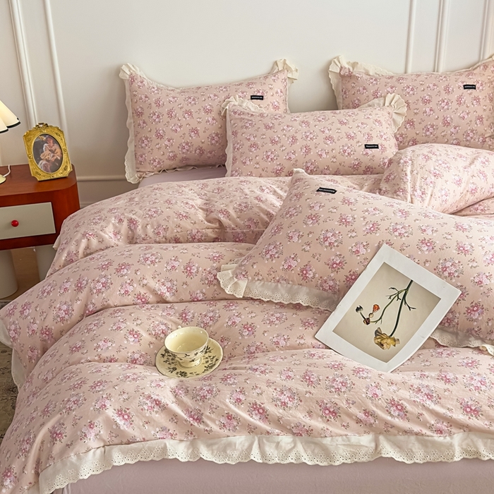 91家纺网 家纺一手货源 找家纺 可思家纺 2025新款法式古法水洗棉印花四件套 青禾