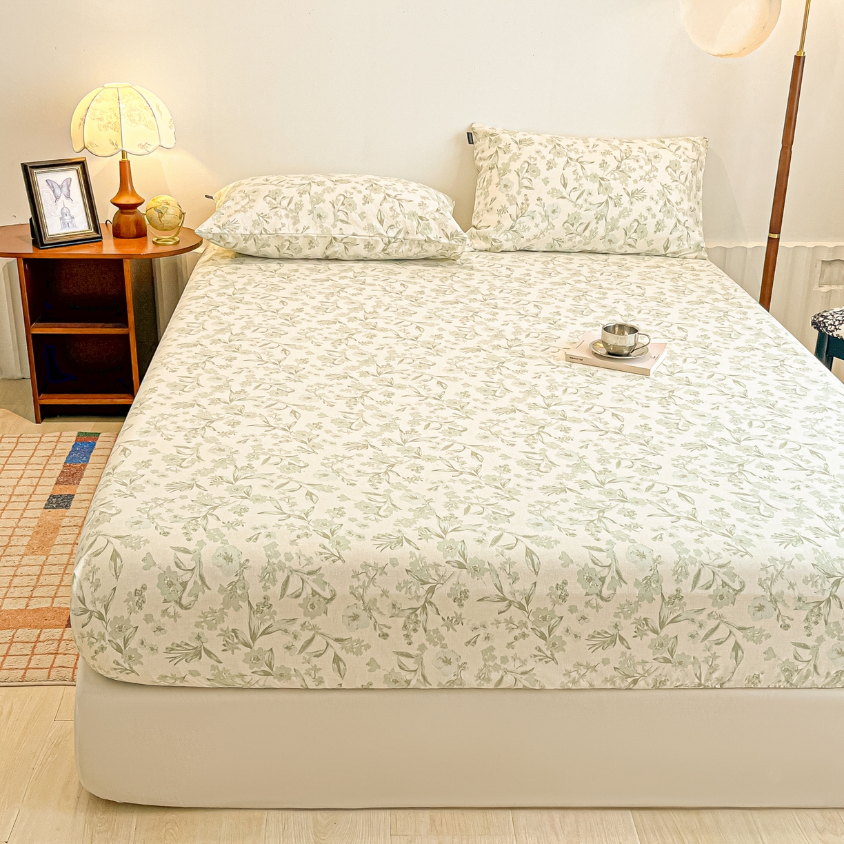 91家纺网 家纺一手货源 找家纺 多乐家纺 2025新款韩系花卉加厚舒柔棉印花单床笠 床笠三件套 茶颜悦色-绿