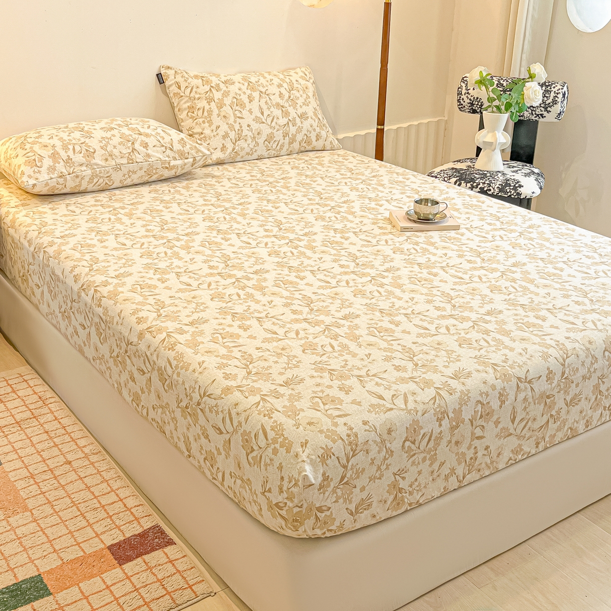 91家纺网 家纺一手货源 找家纺 （总）多乐家纺 2025新款韩系花卉加厚舒柔棉印花单床笠 床笠三件套