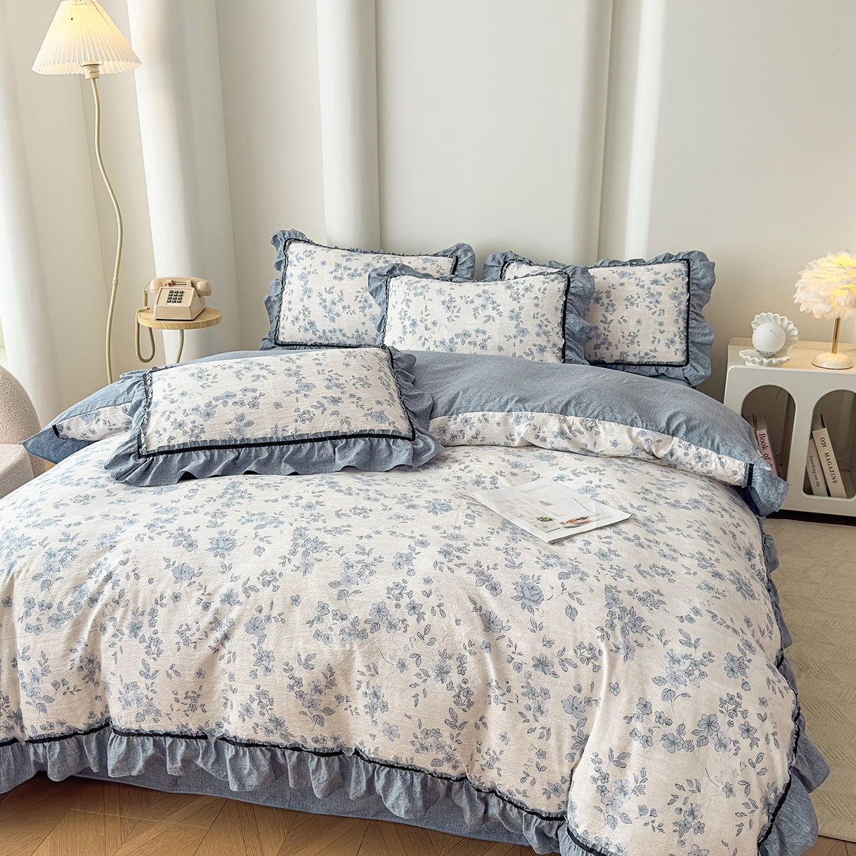 91家纺网 家纺一手货源 找家纺 可思家纺 2025新款亚麻四件套-赫本风系列 赫本风-蓝