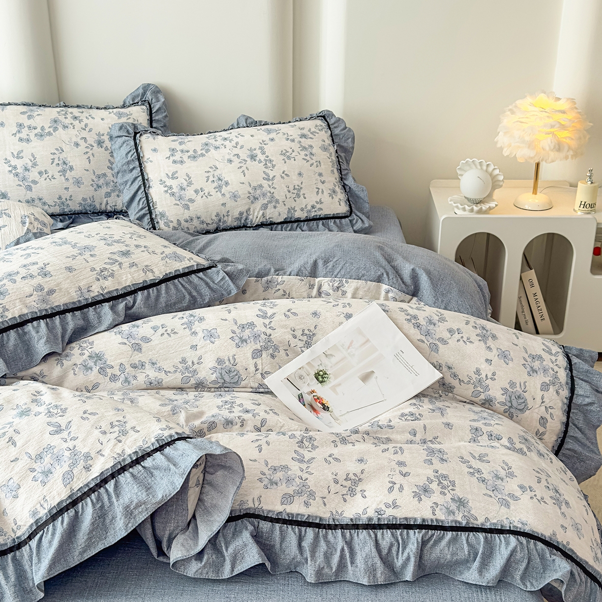 91家纺网 家纺一手货源 找家纺 可思家纺 2025新款亚麻四件套-赫本风系列 赫本风-蓝