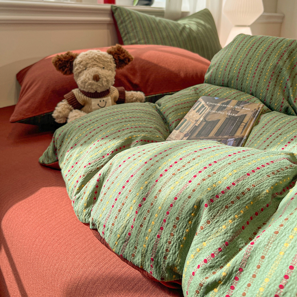 91家纺网 家纺一手货源 找家纺 星禾优选 2025新款云感双层纱四件套-六子棋 六子棋-绿