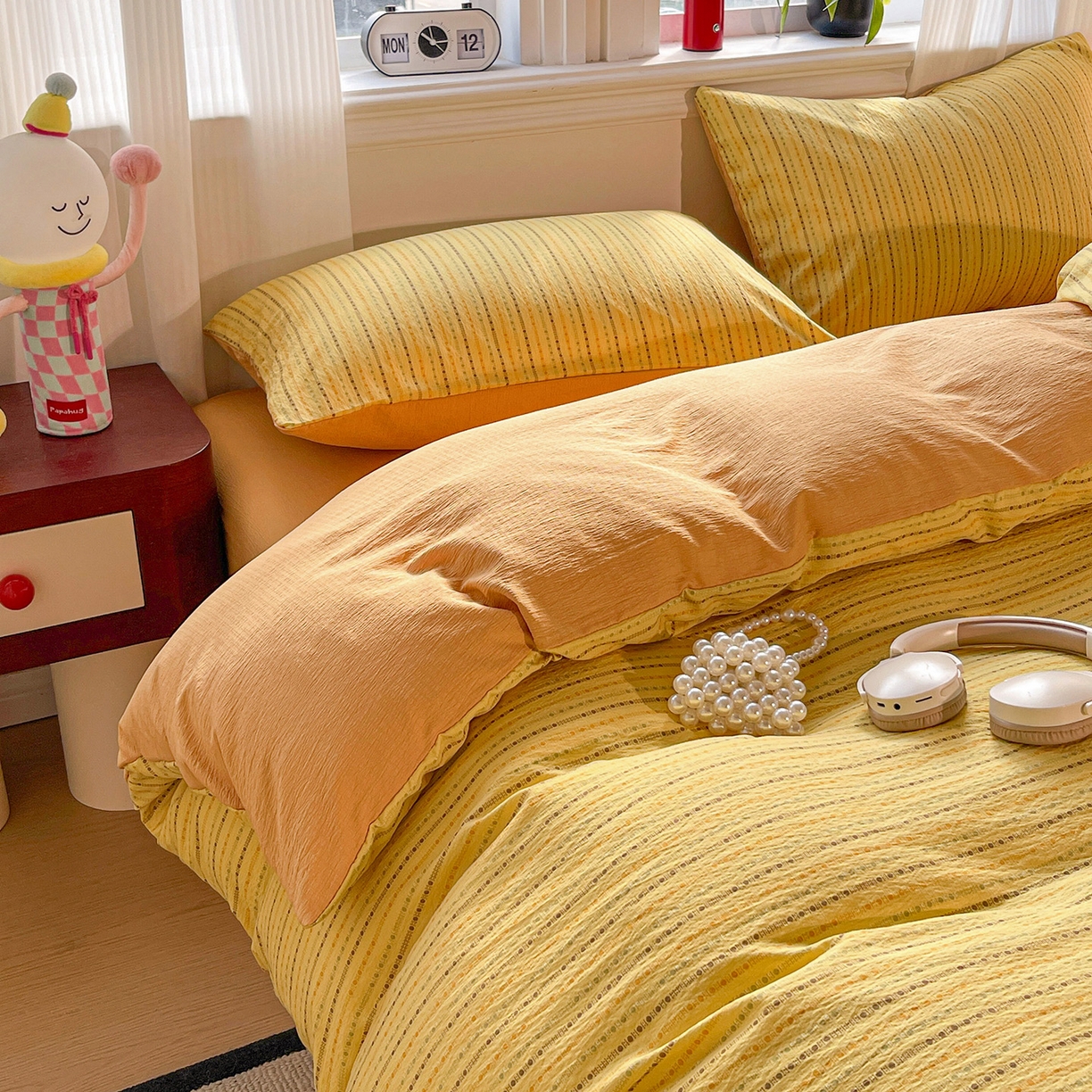 91家纺网 家纺一手货源 找家纺 星禾优选 2025新款云感双层纱四件套-六子棋 六子棋-黄