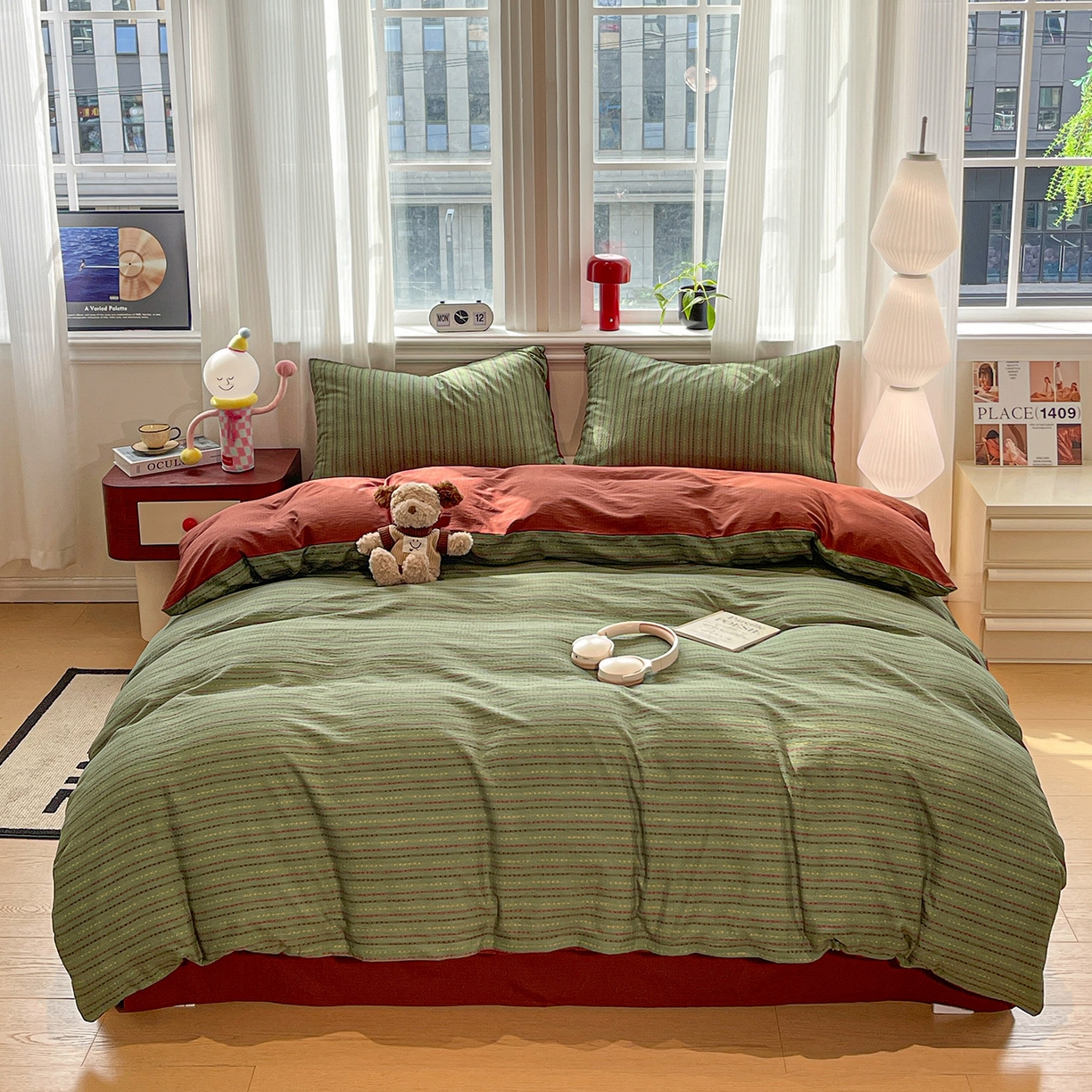 91家纺网 家纺一手货源 找家纺 星禾优选 2025新款云感双层纱四件套-六子棋 六子棋-绿