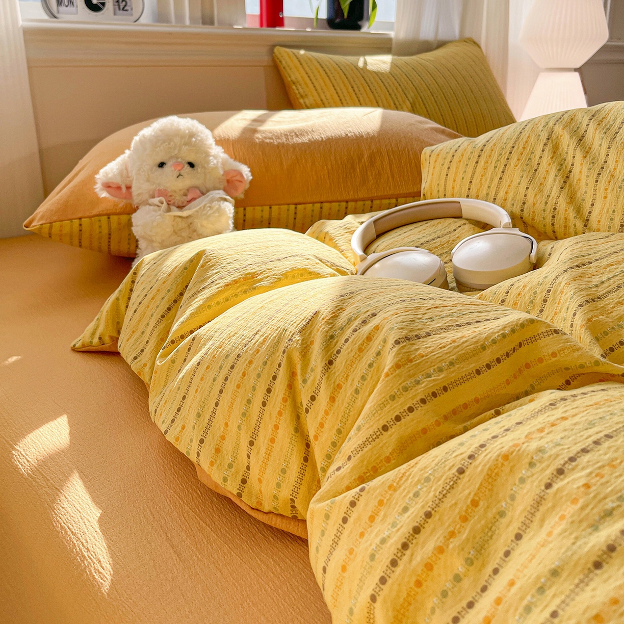 91家纺网 家纺一手货源 找家纺 星禾优选 2025新款云感双层纱四件套-六子棋 六子棋-黄