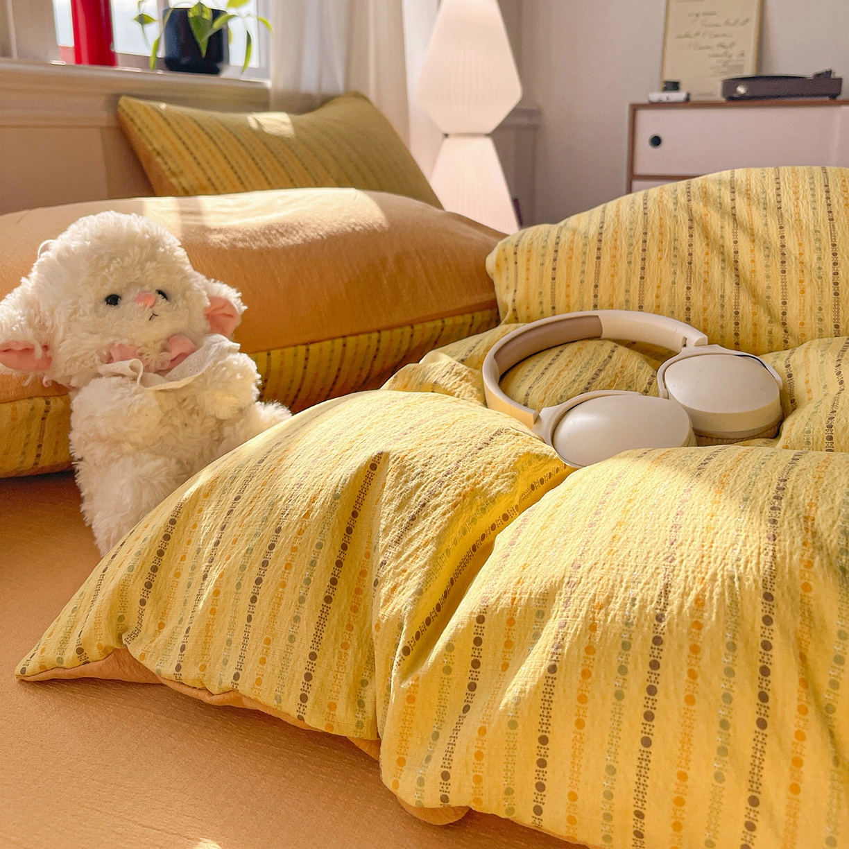 91家纺网 家纺一手货源 找家纺 星禾优选 2025新款云感双层纱四件套-六子棋 六子棋-黄