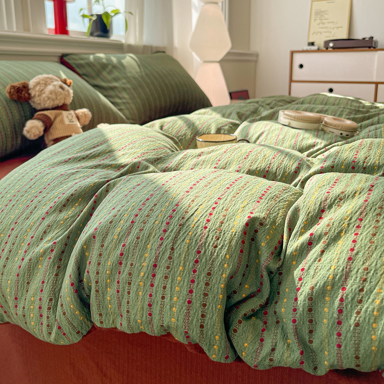 91家纺网 家纺一手货源 找家纺 星禾优选 2025新款云感双层纱四件套-六子棋 六子棋-绿