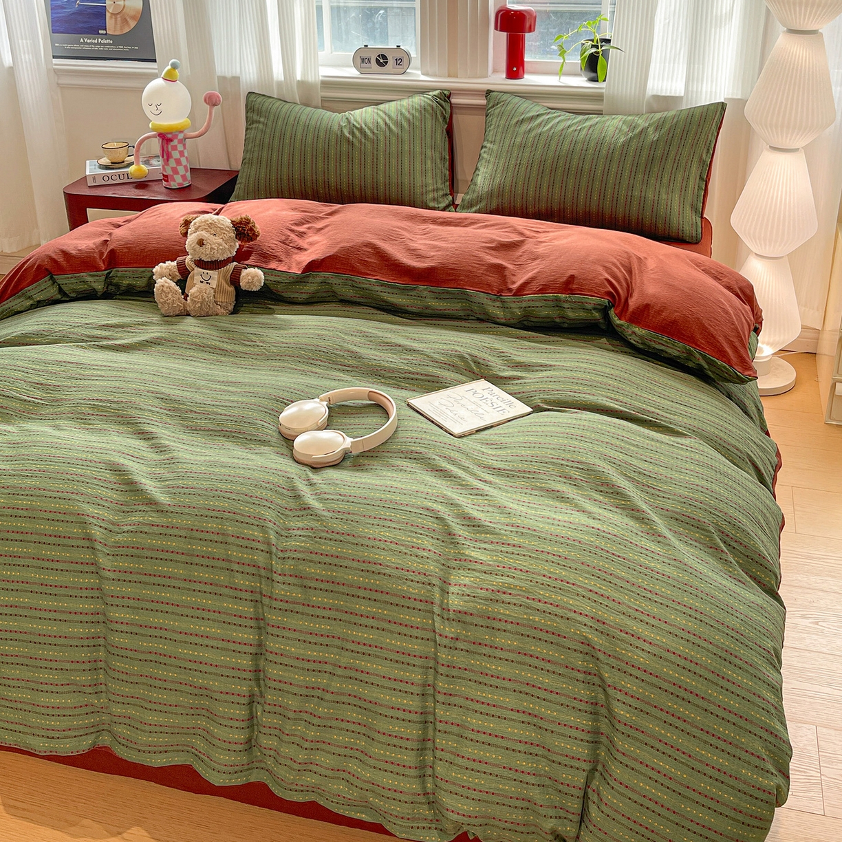 91家纺网 家纺一手货源 找家纺 星禾优选 2025新款云感双层纱四件套-六子棋 六子棋-绿