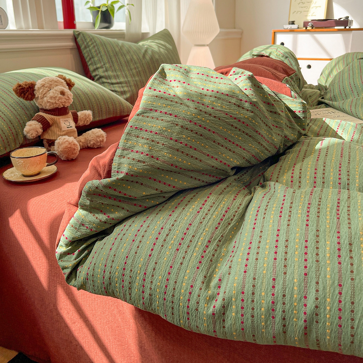 91家纺网 家纺一手货源 找家纺 星禾优选 2025新款云感双层纱四件套-六子棋 六子棋-绿