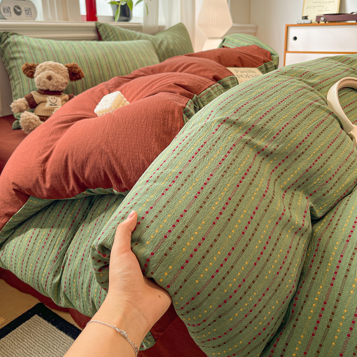 91家纺网 家纺一手货源 找家纺 星禾优选 2025新款云感双层纱四件套-六子棋 六子棋-绿