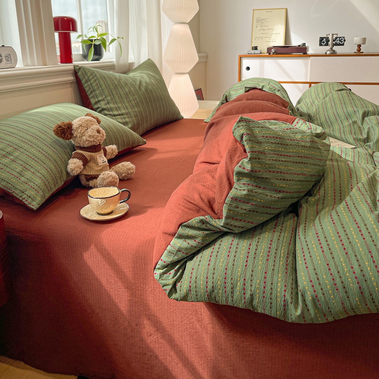 91家纺网 家纺一手货源 找家纺 星禾优选 2025新款云感双层纱四件套-六子棋 六子棋-绿